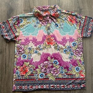 Johnny Was Womens BOHO Polo Shirt S Multi Floral Bamboo Short Sleeve Casual